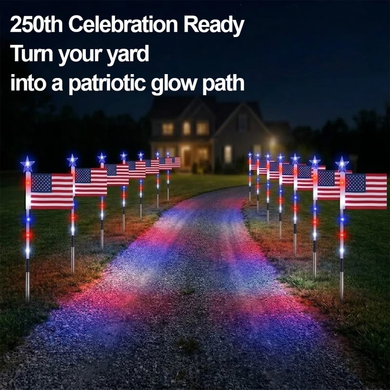 8 Solar American Flag Pathway Lights – Red, White & Blue Yard Glow for 250th Independence Celebration 🇺🇸✨